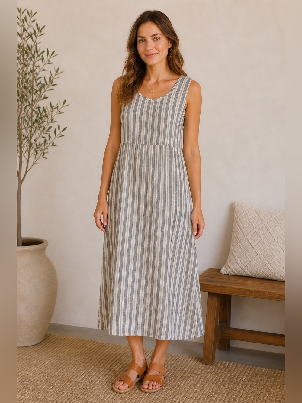 Flax Black and Green Striped Linen Sleeveless Midi Dress Sz L Spring Dress Euro